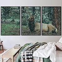 3 Piece Framed Canvas Wall Art Spiritual Being Animals Deer Expressive Impressionism Rustic - 16