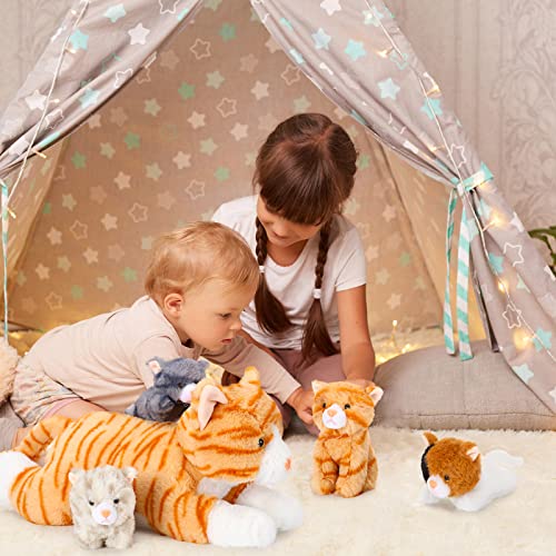 Skylety 5 Stück Plüsch Katzen Set Enthält Groß Katze Stofftier Weich Kuscheltier mit 4 Flauschig Plüschtier Kätzchen im Bauch Mama Katze zum Kuschel Schlaf Geburtstag Geschenk (Orange)