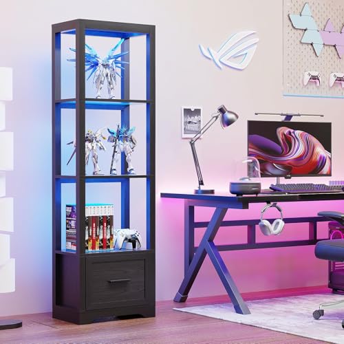 Display Shelf with 3 Color Light, Bookshelf with Drawer, Dimmable Display Cabinet for Collectibles, Bookcase, Display Case for Books, Trophies, Toys, Black - Image 4