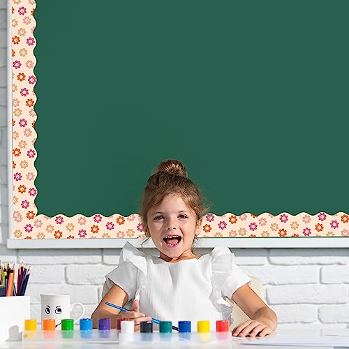 Image of Whaline 196.8ft Boho Bulletin Board Borders Daisy Flower Checked Die-Cut Scalloped Stripes Retro Groovy Rolled Trim for Back to School Classroom Teacher Supplies Office Chalkboard Decoration, 6 Rolls