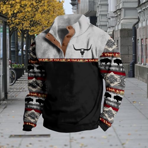 Bengbobar Men's Western Fleece Jacket Cowboy Bull Head Print Pullover 1/4 Zip Stand Collar Long Sleeve Country Sweatshirts3