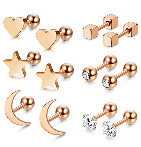 Jstyle 6 Pairs Stainless Steel Ball Stud Earrings for Men Women CZ Cartilage Helix Ear Piercing
