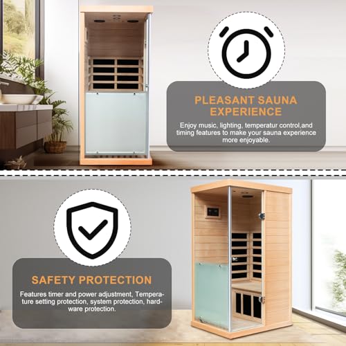 LTCCDSS Infrared Sauna, 1 Person Far Infrared Sauna for Home, with 1060W Indoor Sauna with Bluetooth Speakers, LED Reading Lamp, Red Lamp, 2 Tempered Glass Door, Hemlock Wood Sauna Room Left Door - Image 5