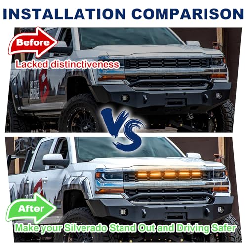 Image of LED Front Grill Lights for 2016 2017 2018 Chevy Silverado 1500 Accessories | Fits Silverado Custom WT LT LS Only Grille Light Bar with adaptor fuse Waterproof smoked lens Bright 6000K Silverado lights