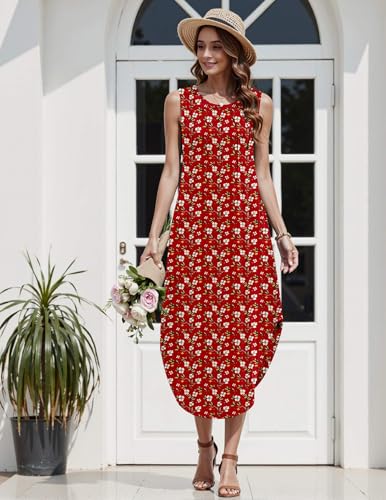 Image of Zeagoo Women Floral Summer Casual Beach Printed Tank Dress with Pockets Pleated Front Long Dress