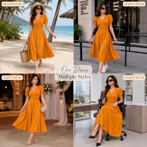 Image of Preneum Girl's & Women's Solid Color V-Neck A-Line Maxi Dress for Women | New Year Party Outfit | Waist Cinched Puff Sleeve Western | Elegant Casual Wear (Availble in Plus Size)