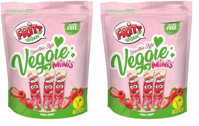 FRITT Vegan Erdbeer & Himbeer Minis 135g, 100% Vegan, Mini Kaubonbon-Streifen für alle Smoothie Lover (Packung mit 2)