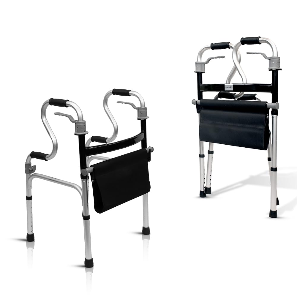 Rehamo Lightweight Compact Folding Walker with Adjustable Height, Folding Seat & Sit to Stand Support | Fixed Aluminium Walker for Old Aged, Pregnant, Leg Injured with 1 Year Warranty