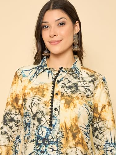 Image of SheWill Women Cotton Blend Floral Printed Straight Kurta with Mandarin Collar, Button Detailing, and 3 /4th Sleeves Paired with Matching Printed Pants