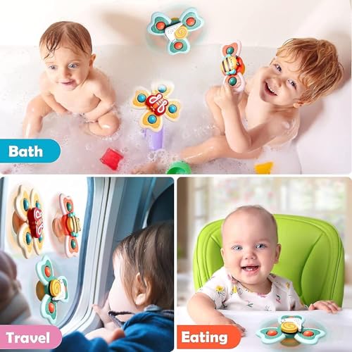Image of PLUSPOINT Baby Suction Cup Spinner Toys - Set of 3 | Rotating Montessori Bath Toys for Baby Boys & Girls | Pop-Up Waterproof Spinning Top Toy for High Chair, Bathtub & Wall Play
