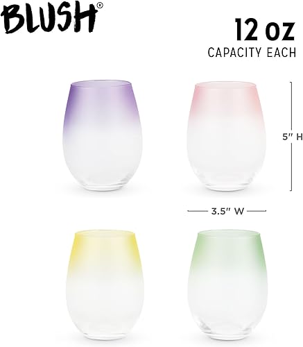 Miniatura 3 de Blush Copas de vino esmeriladas sin tallo en rosa, morado, amarillo y verde, coloridas de 12 onzas, juego de 4