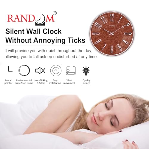 Image of RANDOM Sweep Silent Wall Clock, Non-Ticking Quartz Movement with 3D Foiling Numbers. (Brown)