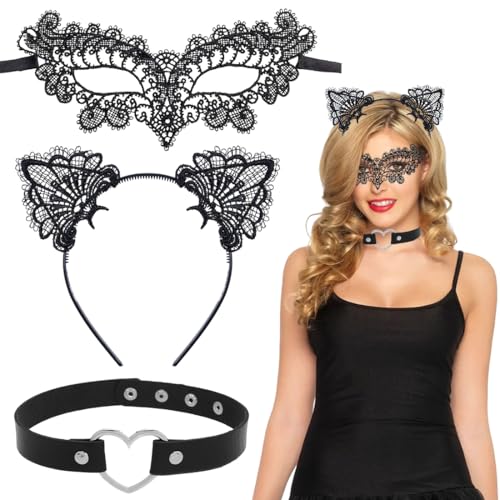Wishstar Katzenkostüm Damen,Faschingskostüm Set mit Katzenohren Haarreif Lace venezianische Maske Herz Choker,Spitzen Maskenmaske für...