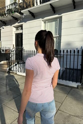 Image of Y2k Girls Vintage Coquette Button Down Shirt Women Short Sleeve V-Neck Slim Fitted T-Shirt Cute Blouse Crop Top
