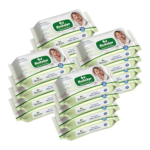 Image of Hushabye Premium Milk Baby Wipes with lid- 0+ Months, pH balanced, Paraben & Alcohol Free, Moisturising & Thick Wipes with purified Water, Gentle & soothing, 1152pcs, Pack of 16