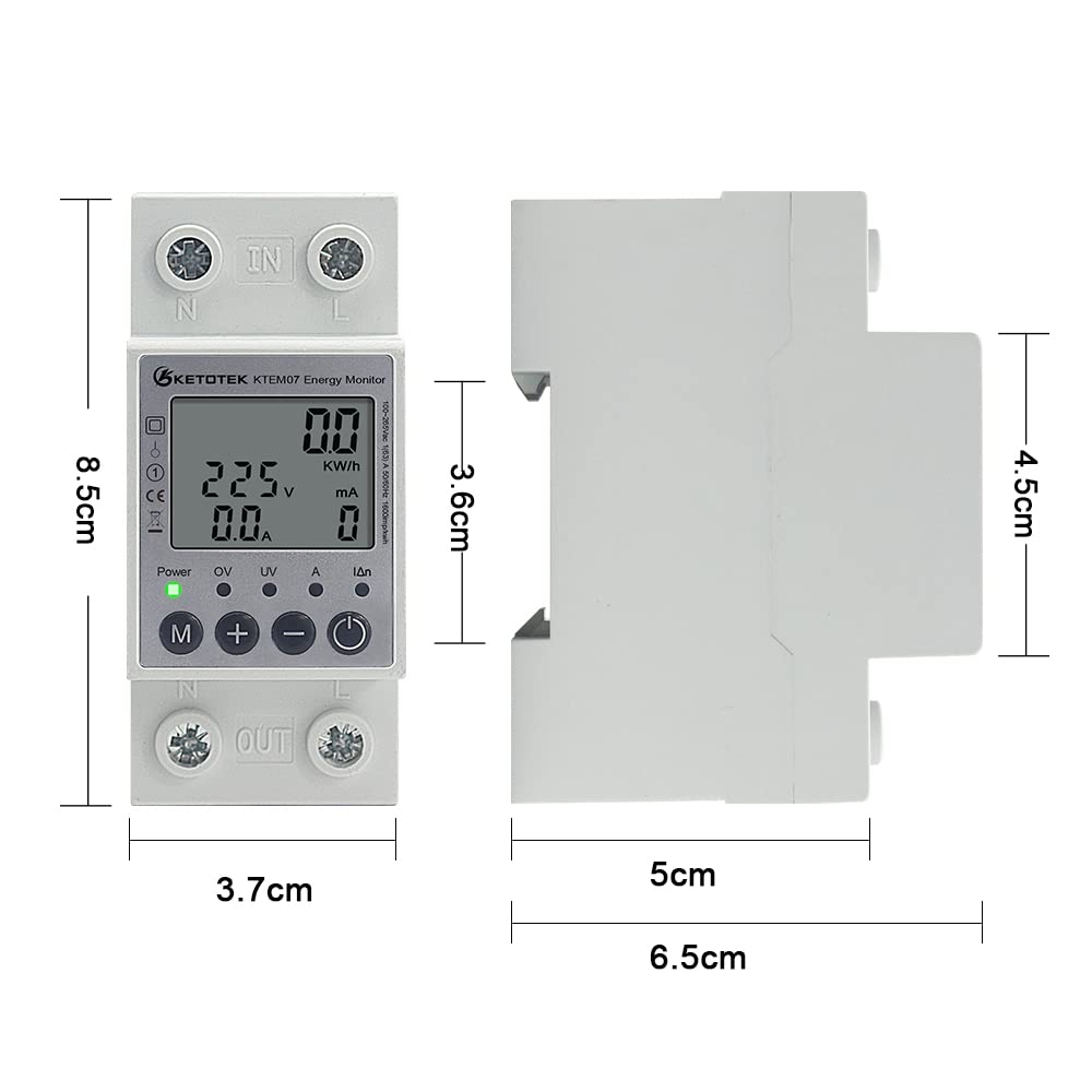 KETOTEK Medidor de Consumo Electrico Monofasico Contador Electrico Carril Din Voltímetro Amperímetro KWh Meter con Protección Contra Sobrecarga
