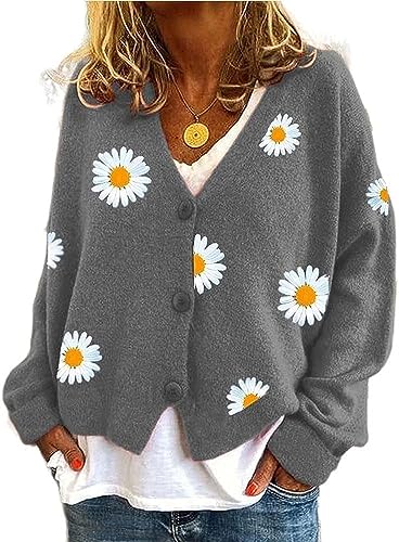 Women's Cute Daisy Flower Knit Cardigan Retro Aesthetics 90s Long Sleeve Button Open Front Sweater Y2K Tops