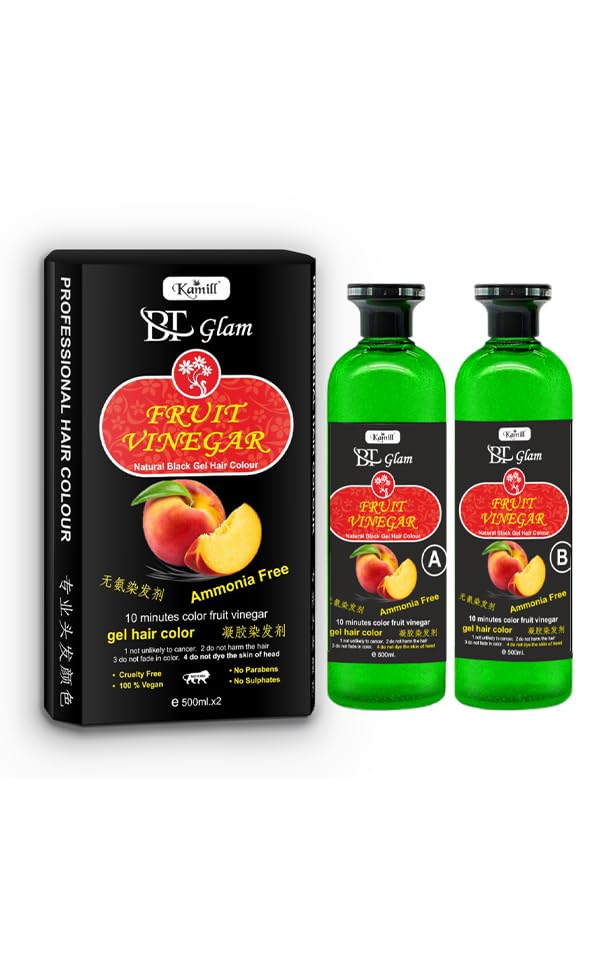 Image of Kamill BT Glam Fruit Vinegar Gel Hair Color Black 1000ml | Stain Free | Organic & Natural Hair Dye | No Ammonia | Hair Gel Color for Men & Women | Long Lasting | Covers Grey | Natural Black Dye