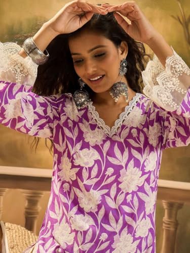 Image of Women's Floral Printed Cotton Afgani Kurta with Lace Detail Full Sleeves