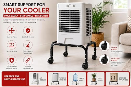 Image of Heavy Duty Metal Cooler Stand with 4 Wheels | Powder Coated Rust-Proof Stand for Kenstar, Bajaj, Symphony, Havells, Maharaja & Desert Coolers | Pack of 1 (Black)