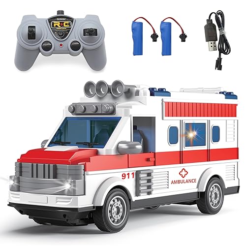 Spobot Remote Control Ambulance 2.4G RC Car Aid Truck Toy Model with Flashing Lights Sound Friction...