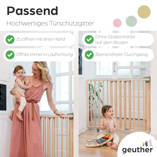 Geuther Türschutzgitter Oris | Treppenschutzgitter zum Anschrauben, Breite 78,5-133 cm | Stabiles Babygitter & Türgitter mit Schwenktür, sicherheitsgeprüft | Kindergitter aus Holz, naturbelassen