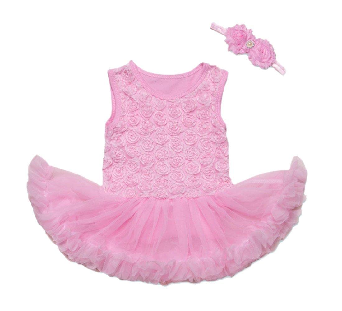 Ding Dong Baby Girl Summer Flower Ruffles Tutu Dress Romper+Headband Sets Outfit(Pink,0-3M)