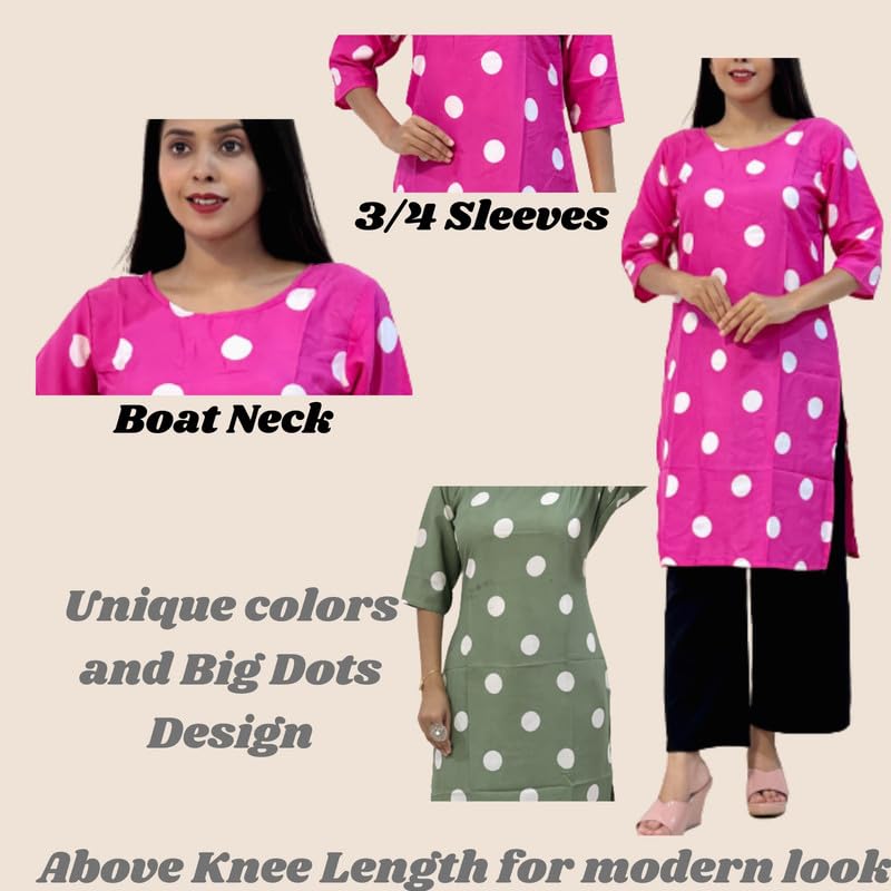 Image of Trendy Kurti|Pink Coin Printed 3 /4 Sleeve Kurti|Fashionable Dress|Poly Crepe Polka Dot Knee Length Girls Short Kurti|Boat Neck Dress for Daily, Casual Wear