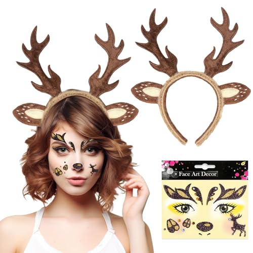Diadema Cuernos Ciervo,Tatuaje de Cara de Ciervo,Diadema de Reno con Orejas,Ciervo Traje Tocado Diadema,Diadema Accesorios Navidad,para Carnaval Fiesta Temática Halloween Cosplay (Marrón oscuro)