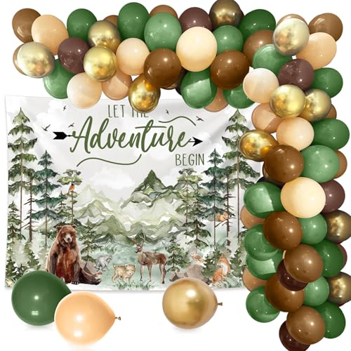 Let The Adventure Begin Baby Shower Woodsy Decorations for Boy Adventure Awaits Backdrop Banner Sage Green Balloons Forest Mountains Birthday Party Decor