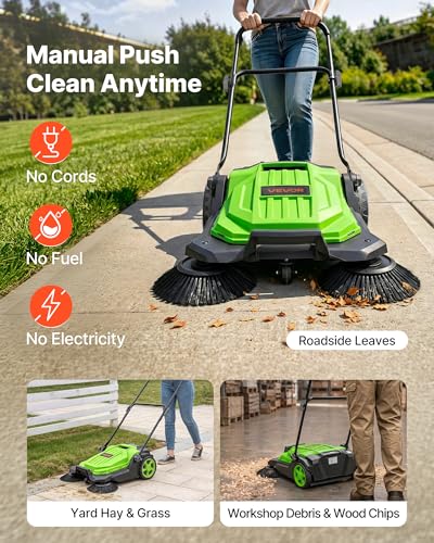 Image of VEVOR Walk-Behind Hand Push Floor Sweeper, Manual Floor Sweeper Non-Electric with 25.6 inch Sweeping Width, 5 Gallons Waste Container & Adjustable Folding Handle for Yards Walkways Patios Garages - Green