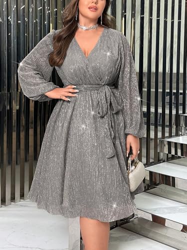 RED DOT BOUTIQUE 876 - Plus Size Elegant Sheer Sleeve Dress with Waist Sparkle Chiffon Mesh Cocktail Dress2