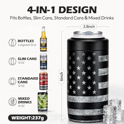 Image of 4-in-1 Slim Can Cooler Easy to Hold Insulated Beer Can Holder Double-Walled Stainless Steel for All 12 Oz Cans Black America Flag 2