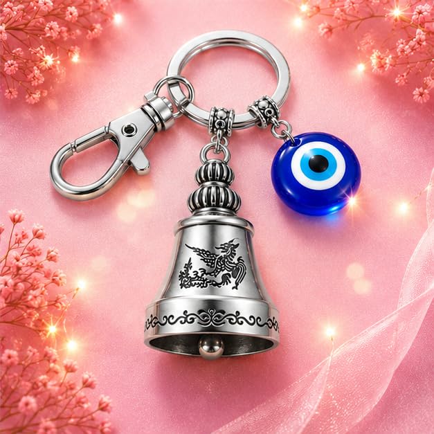 Guardian Bell Keychain with Evil Eye Charm, Silver, Decorative Bike Bell-picture-13