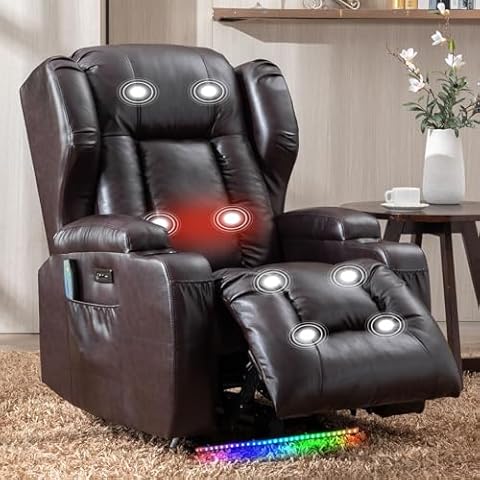 Electric Recliner Chairs for Adults, Oversized Leather Recliner with Heat and Massage Vibration, LED Lights, Cup Holder, USB Port, Comfy Power Lazy Recliner Chair for Living Room Cover