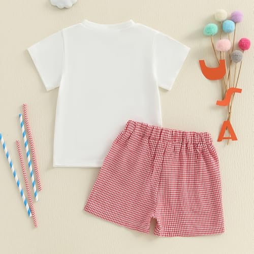 Image of Kayotuas Fourth Of July Toddler Boy Outfit Baby American Flag Clothes Patriotic Shirt Striped Gingham Shorts 2Pcs Summer Sets