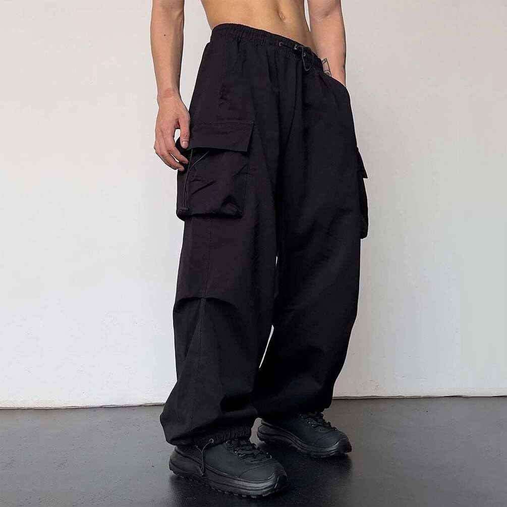 Męskie spodnie do biegania, luźne spodnie cargo z kieszeniami, spodnie dresowe Y2K, długie spodnie Streetwear ze sznurkiem (czarne, S)