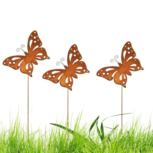 Voarge 3er Rost Schmetterling Gartenstecker, für draußen Rost...