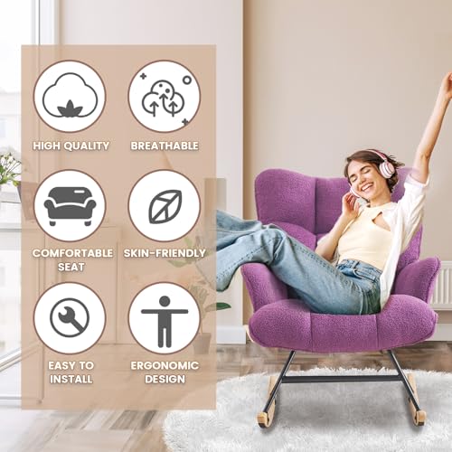Image of SAETSFEG Rocking Chair Nursery Teddy Upholstered Glider Rocker Rocking Accent Chair Padded Seat with High Backrest Armchair Comfy Side Chair for Living Room Bedroom Offices (Purple Teddy)