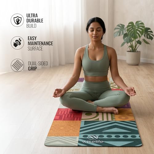 Image of Wiselife MicroFiber & Natural Rubber Yoga Mat + Carry Strap | 5MM | Extra Large Extra Wide | Anti skid Anti slip for Yoga & Workout (Bohemian Rug)