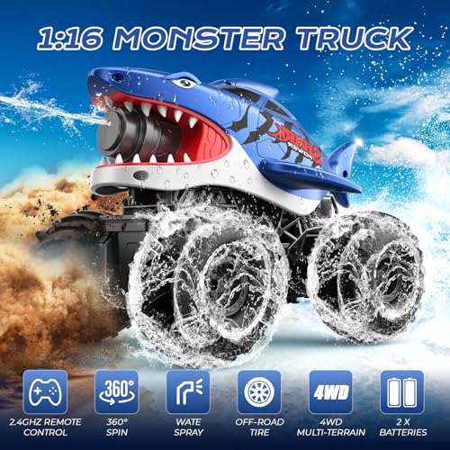 Image of MUYOLO Amphibious Remote Control Car- 2.4GHz Shooting Waterproof RC Monster Truck, 4WD All-terrian Off-Road Water Tank Pool Toy Outdoor Summer Gifts for Kids Boys /Girls Age 6+