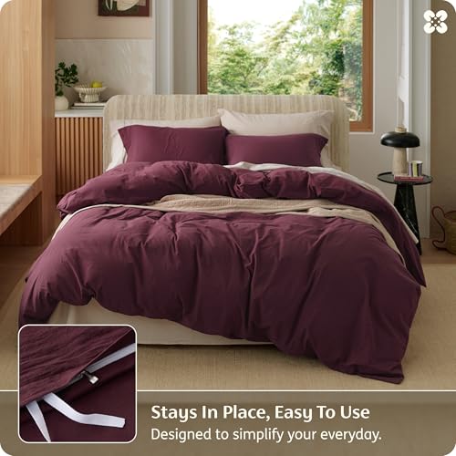 Image of Bedsure 100% Washed Cotton Duvet Cover Queen Size - Burgundy Minimalist Bedding Set Linen Like - PureWoven Plain Simple & Soft Comforter Cover for All Seasons (Burgundy, Queen, 90 inchx90 inch)
