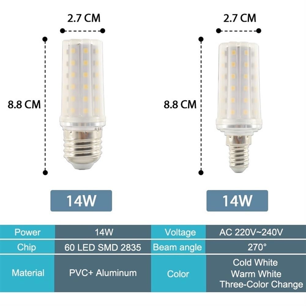 Fengyan Casa Lampadine, Confezione da 12, Lampada a LED Lampadine a mais, AC220V E27/E14 12W/14W/16W Lampadario Candela Lampada a LED Faretto Lampada da casa Domestico Lampada(Warm White,E14 60LEDs 14