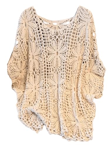 MakeMeChic Women's Plus Size Boho Tops Crochet Sweater Dolman Sleeve Beach Cover Up Plus Beige 3XL