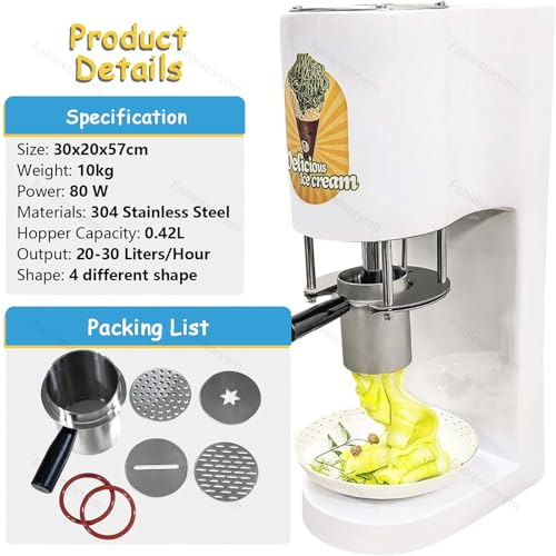 Fablestoryem Spaghetti-Eispresse mit Mehreren Formen und 4 austauschbaren Formen, 420-ml-Trichter/Edelstahl/1-Knopf-Start, 80-W-Gewerbliche Eismaschine für Eisdielen 220V – Bild 6