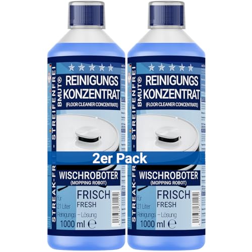 2 x 1000 ml limpiador para robot limpiador concentrado | aroma extra fresco | sin rayas ni espuma + vaso dosificador | limpiador de suelos, etc.