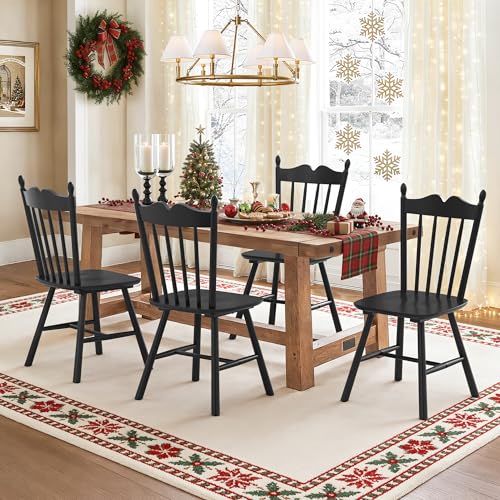 LUE BONA Black Dining Chairs Set of 4, Windsor Wooden Dining Chair with Thickened Backrest, Morden and Mid Century Kitchen Chairs for Dining Room Farmhouse, Weight Capacity 350 lbs