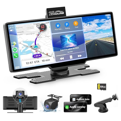 HK3 Carplay Screen for Car, 10.26’’ Wireless Apple Carplay & Android Auto Screen with 4K Dash Cam, 1080P Backup Camera, Car Play Audio Receivers, GPS Navigation/Mirror Link/Bluetooth/FM/Voice Control