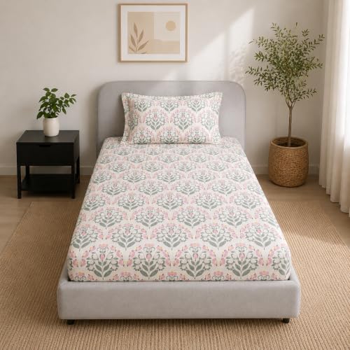 Image of Linen Home Cotton Percale Fitted Bedsheet Set Single Size Sequence Pink