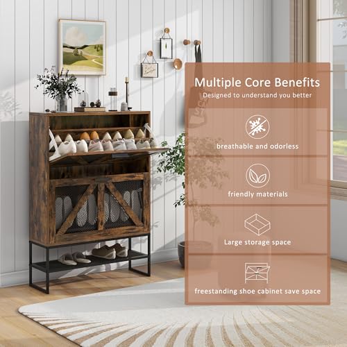 LYNCOHOME-Shoe-Storage-Cabinet-with-2-Flip-Drawers-Farmhouse-Shoe-Organizer-for-EntrywayHallway-Freestanding-Shoe-Rack-Cabinet-with-Wire-Netting-and-Steel-Legs-Rustic-Brown LYNCOHOME Shoe Storage Cabinet with 2 Flip Drawers Farmhouse Shoe Organizer for EntrywayHallway Freestanding Shoe Rack Cabinet with Wire Netting and Steel Legs Rustic Brown